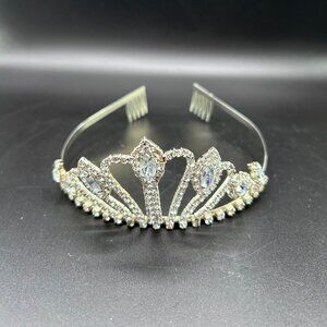 Silver Tone Metal Tiara Clear Rhinestones Wedding Prom Pageant Party